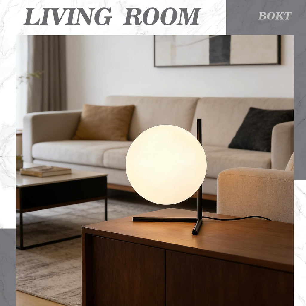Bokt Modern Mid Century Matte Black Globe Table Lamp Post Modern Mini White Glass Desk Lamp Industrial Farmhouse Nightstand Bedside Lamp Li…