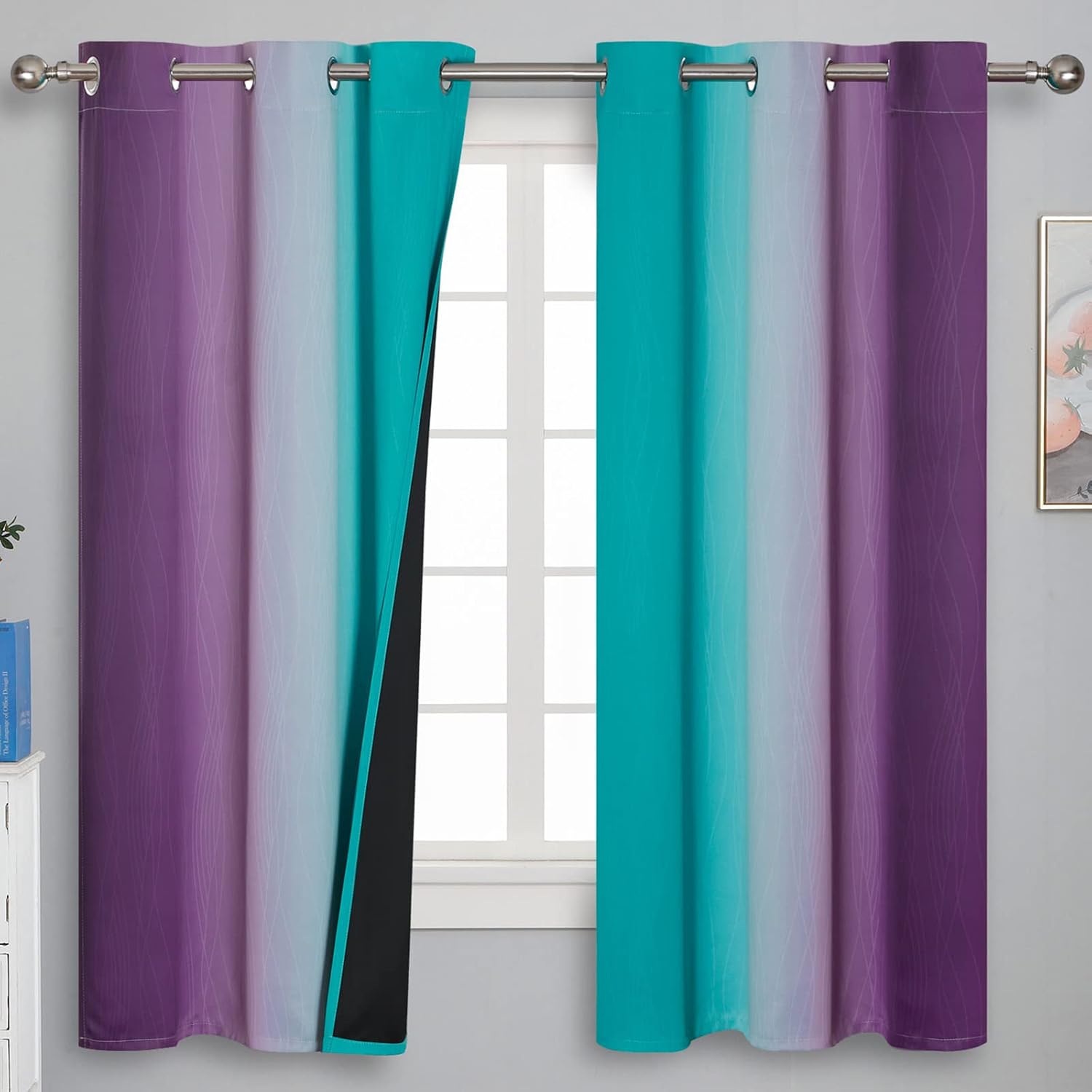 Estelartextiler Teal and Purple Gradient Curtains 63 Inch Length 2 panels, Ombre and Wavy Line Pattern Blackout Curtains for Kids Room, Ful…