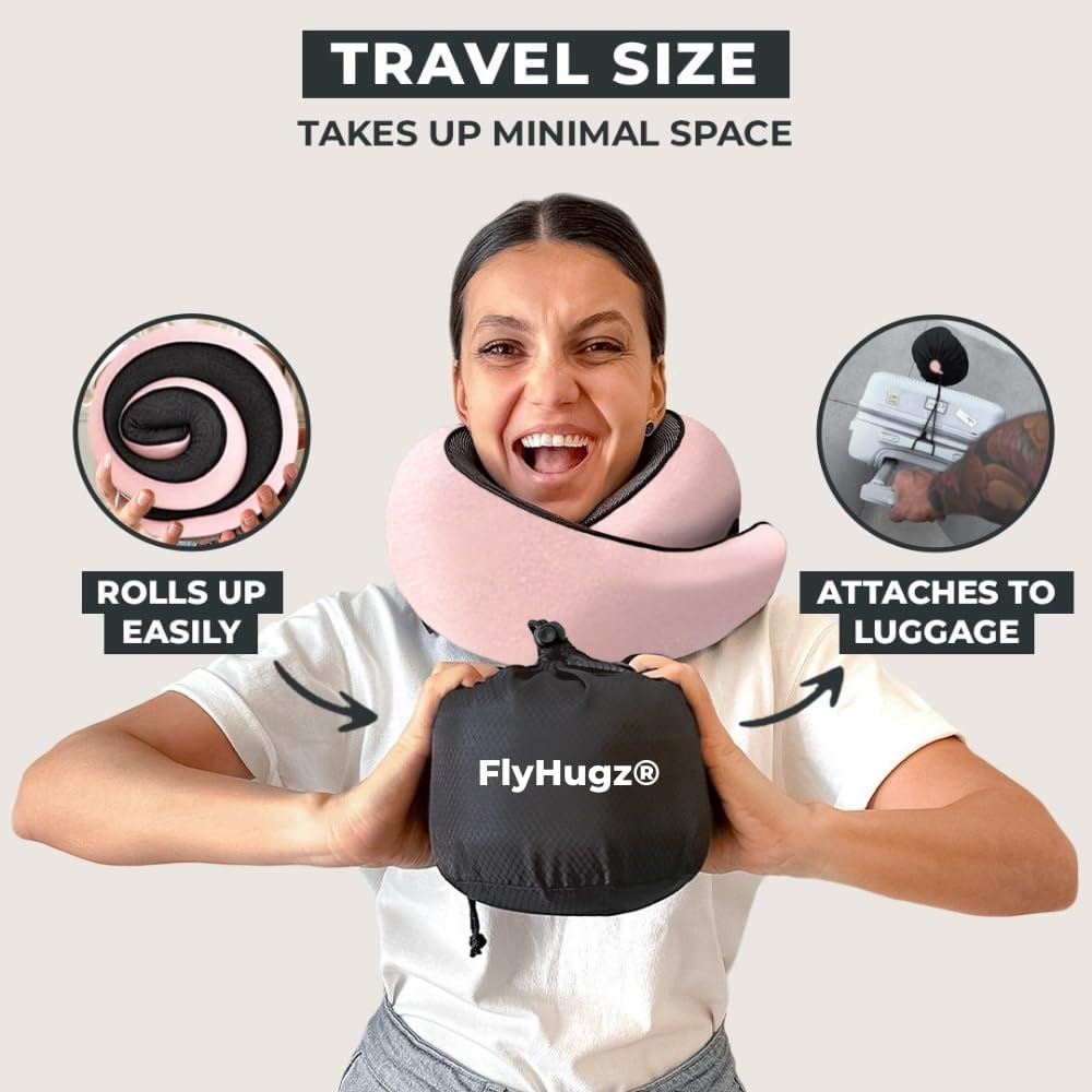 FlyHugz® Neck Travel Pillow Memory Foam Neck Pillow for Comfort on Airplane Compact and Ergonomic Design for Travel, Car Rides, and Home…