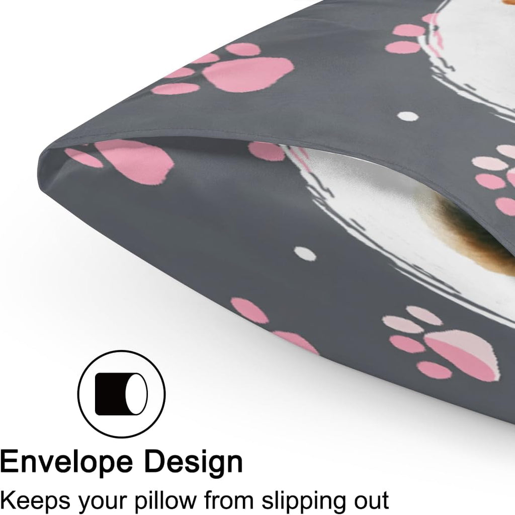 Satin Pillowcase for Hair and Skin Pink Paw Print Dog Soft Silk Pillow Case with Envelope Closure Cooling Pillow Cases Slip Standard Size…