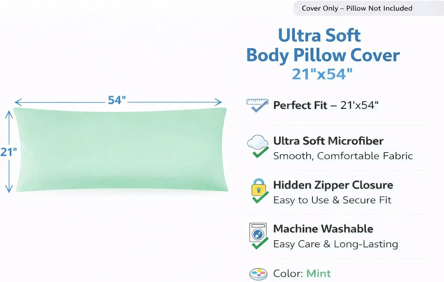 EVOLIVE Body Pillow Cover 21"x54", Ultra Soft Microfiber Pillowcase with Hidden Zipper, Breathable, Machine Washable, for Pregnancy &…
