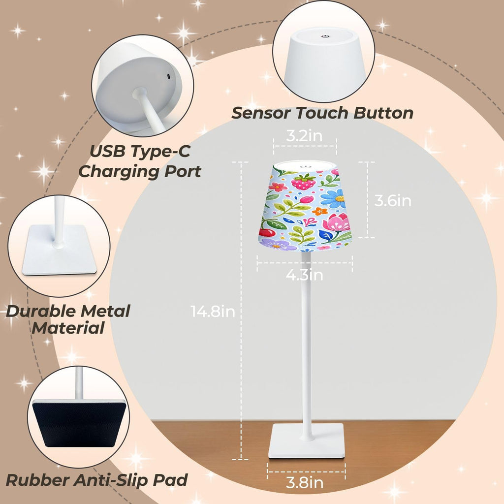 Cordless Mahjong Lamp Floral Fruit Pink Flowers Cherries Strawberries Blueberries Small LED Lamp 3 Color Dimmable Rechargeable Lamps for…