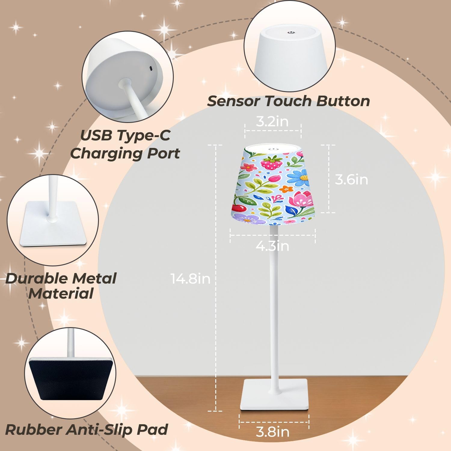 Cordless Mahjong Lamp Floral Fruit Pink Flowers Cherries Strawberries Blueberries Small LED Lamp 3 Color Dimmable Rechargeable Lamps for…