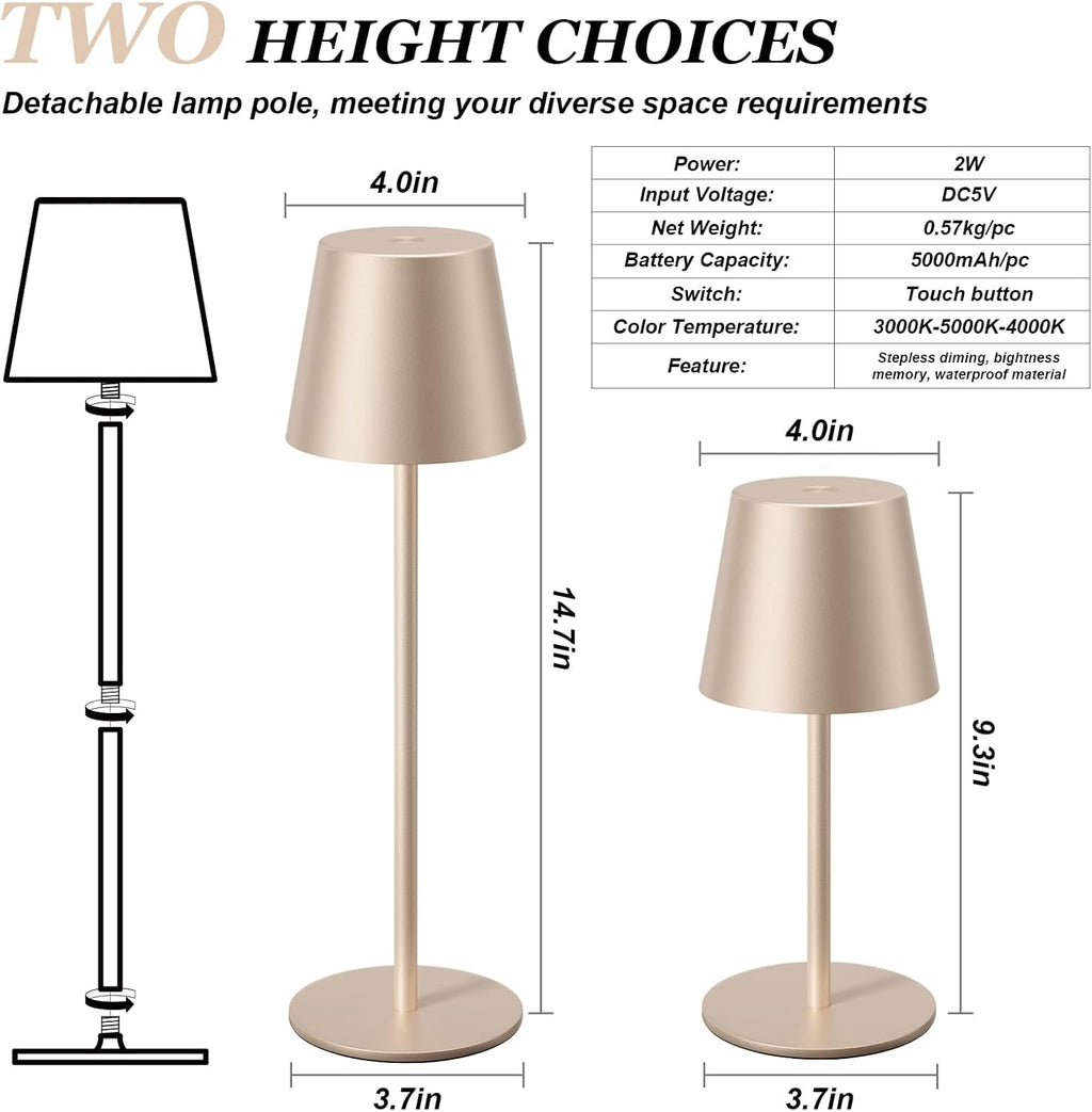 Kakanuo Champagne Gold Cordless Table Lamp Rechargeable - 2 Pack Battery Operated Lamp for Counter, 3 Color Stepless Dimming Wireless…