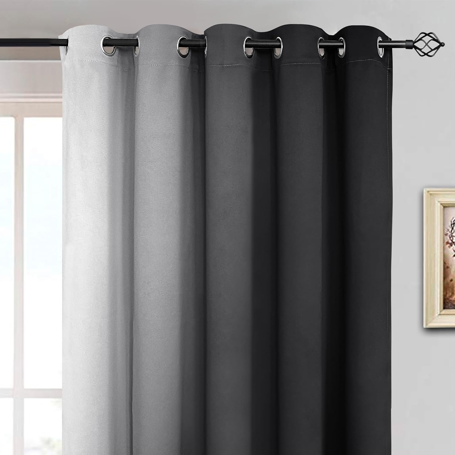 Yakamok Room Darkening Ombre Curtains 63 Inch Length, Black and Greyish White Thermal Insulated Gradient Color Curtains, Light Blocking Grom…