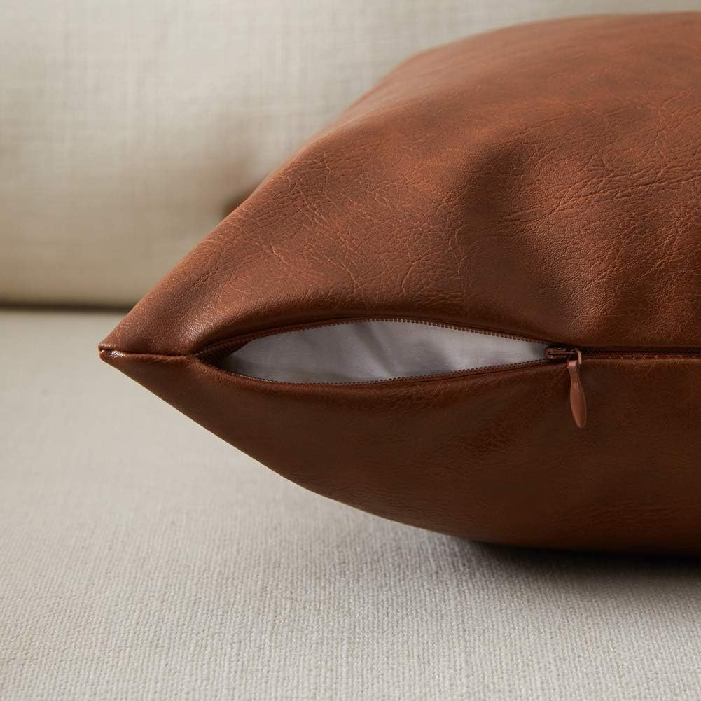Fancy Homi Brown Boho Lumbar Faux Leather Decorative Throw Pillow Covers 12x24 Inch for Living Room Couch Bed Sofa, Solid Rectangle…