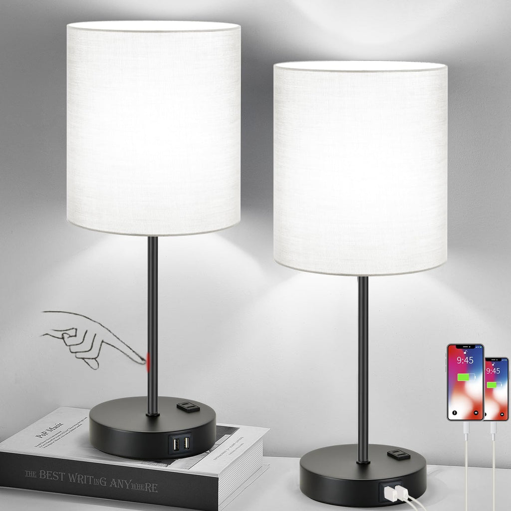Lynnoland Set of 2 Touch Control Table Lamps with 2 USB & AC Outlet, 3-Way Dimmable Bedside Nightstand Lamps for Bedroom Living Room…