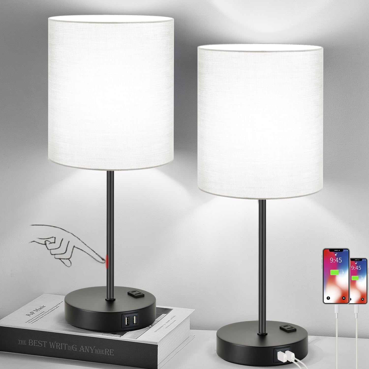 Lynnoland Set of 2 Touch Control Table Lamps with 2 USB & AC Outlet, 3-Way Dimmable Bedside Nightstand Lamps for Bedroom Living Room…