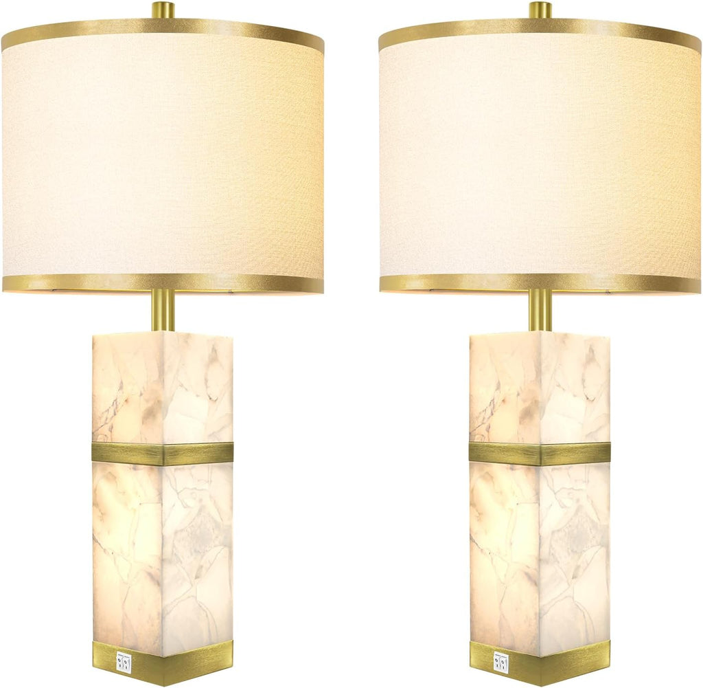 Natural Alabaster Table Lamps Set of 2 - Table Lamp with Night Light for Bedroom, Nightstand Lamps with USB Ports, Bedside Lamps with Linen…
