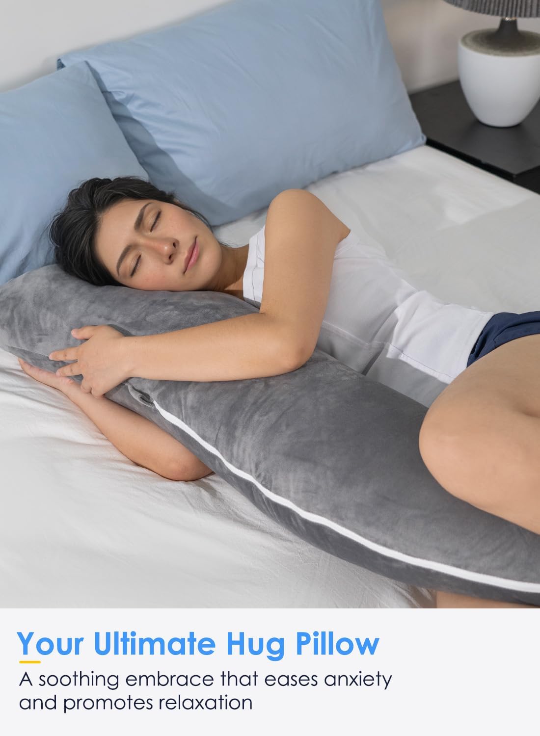 Queenrose QUEEN ROSE Body Pillow for Side Sleepers, Soft Comfort S Shaped Hug Pillow for Adults, Full Body Support, Velvet Grey Grey