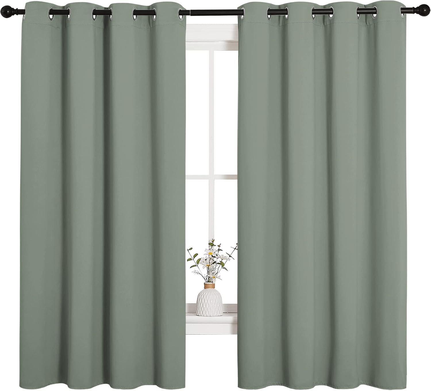NICETOWN Bedroom Curtain Panels Blackout Draperies, Thermal Insulated Solid Grommet Blackout Curtains/Drapes (Greyish Green, 1 Pair, 55…