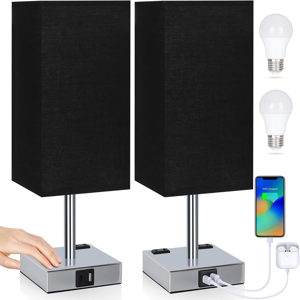 Set of 2 Bedside Table Lamp 3 Way Dimmable Nightstand Lamp with USB C & USB A Charging Port, 2 AC Outlets, 3000K LED Bulbs (Black)