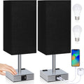 Set of 2 Bedside Table Lamp 3 Way Dimmable Nightstand Lamp with USB C & USB A Charging Port, 2 AC Outlets, 3000K LED Bulbs (Black)