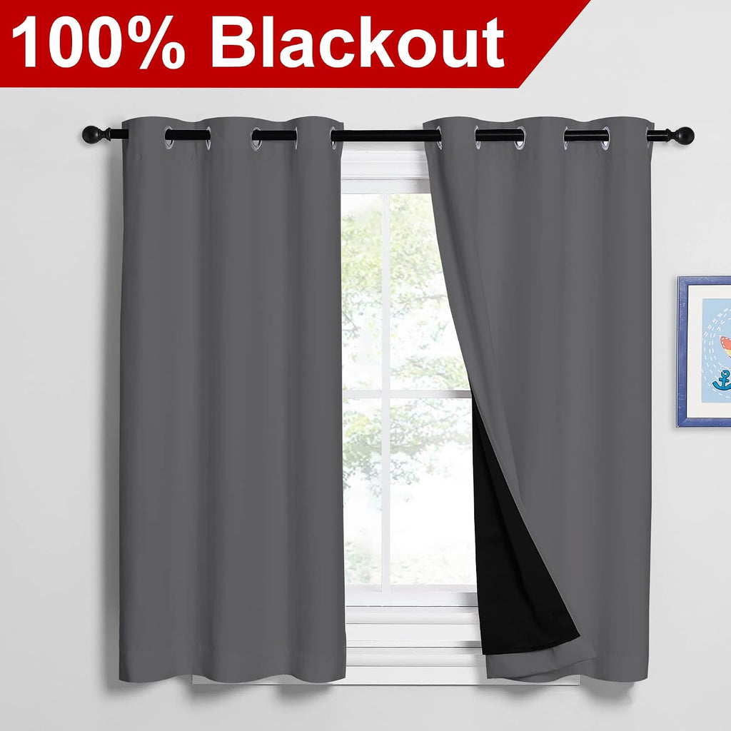 Nicetown Grey 100% Blackout Curtains 2 Panels with Black Liners, Thermal Insulated Full Blackout 2-Layer Lined Drapes, Noise Cancellation W…
