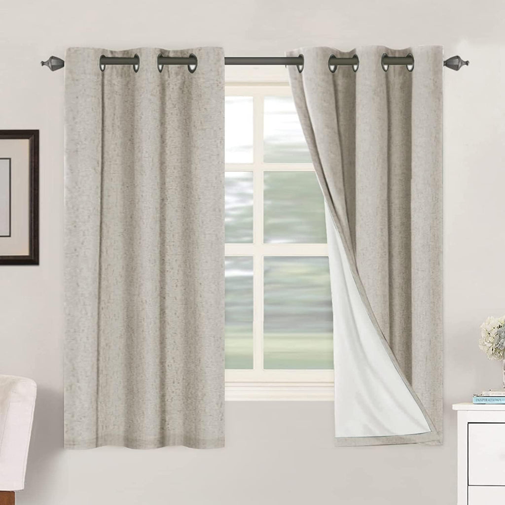 Primitive Linen Curtains 100% Blackout Curtain 63 Inches Long Burlap Fabric Curtains with White Thermal Insulated Liner, Grommet Top…