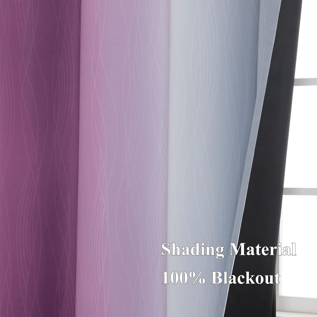 Estelartextiler Purple and Grey Blackout Curtains 54 Inches Long, Ombre and Wavy Line Pattern 100% Blackout Curtains for Bedroom, Full Light…