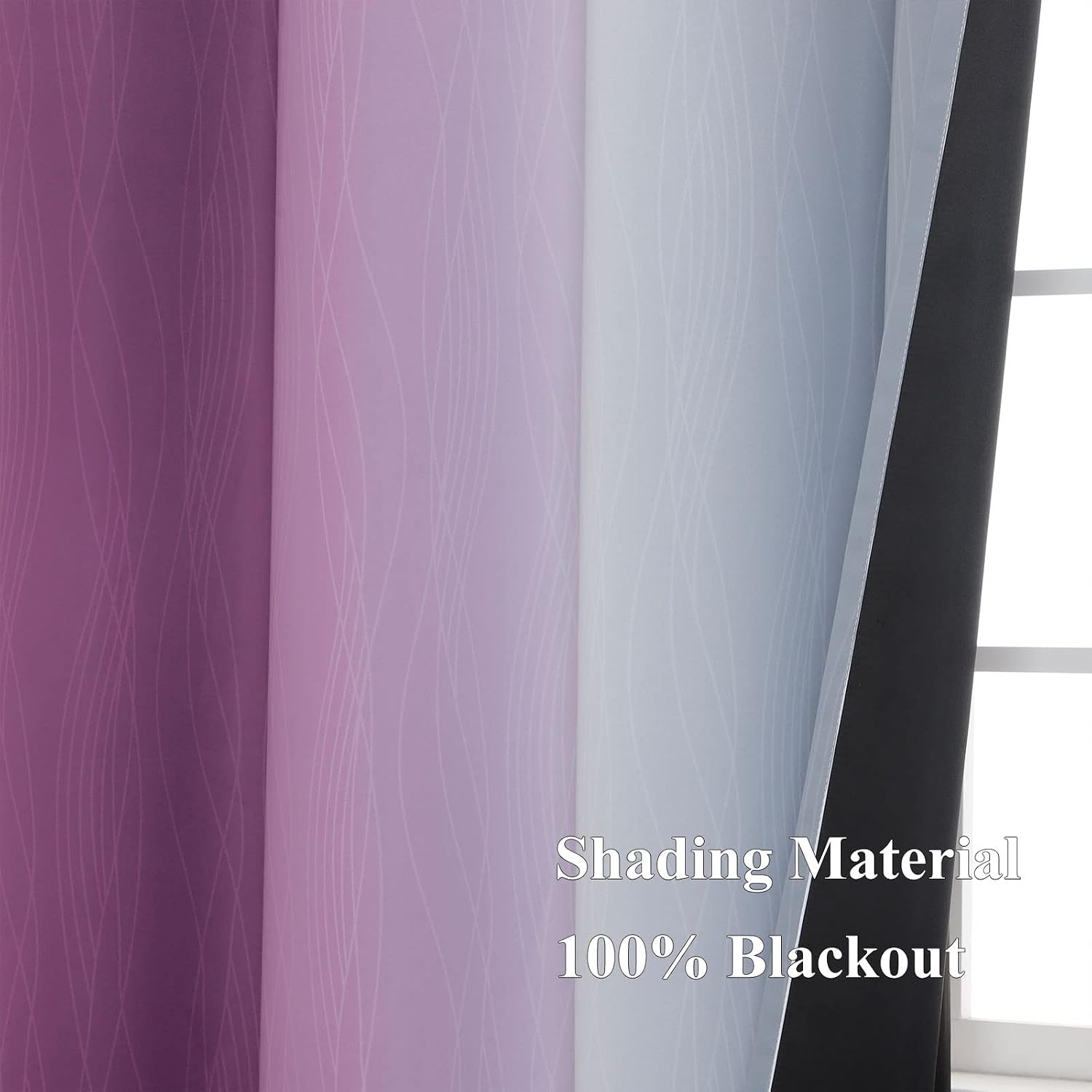 Estelartextiler Purple and Grey Blackout Curtains 45 Inches Long, Ombre and Wavy Line Pattern 100% Blackout Curtains for Bedroom, Full Light…