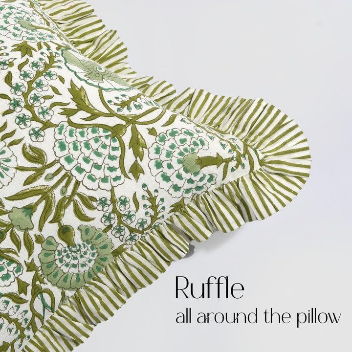 Cottonprintclub CPC Hand Block Print Agate Green Ruffle Sham Pillow Cover 20" x 12" inch Hidden Zipper Decorative Pillowcase for Couch, Bed…