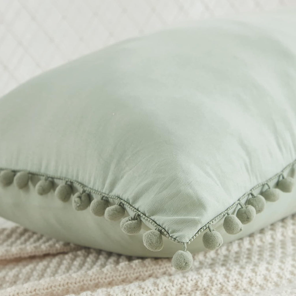 Moveover MOVE OVER Sage Green Body Pillow Cover 20x54 Inches Cute Pom Poms Decorated Pillow Cover Soft Washed Microfiber Boho Long Pillowca…