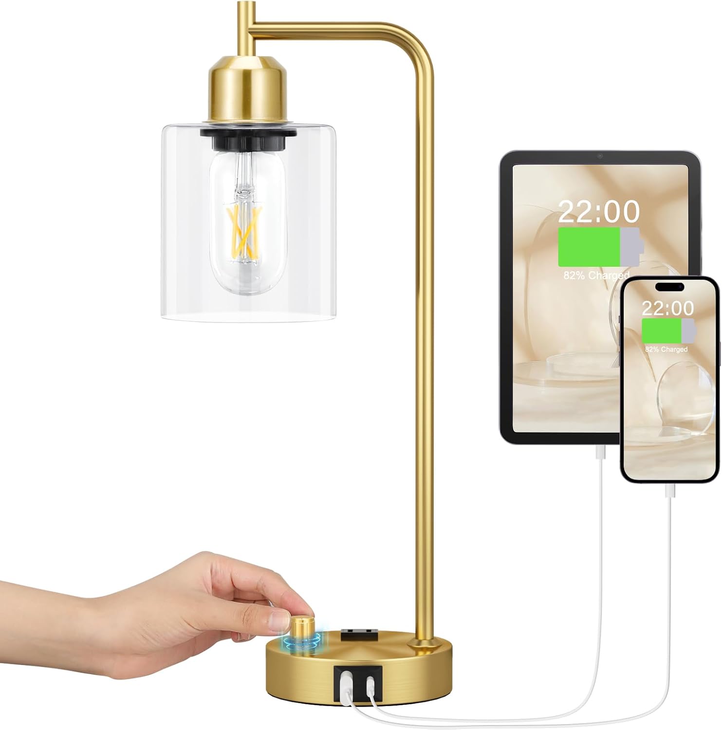 Innqoo Gold Table Lamp for Bedroom - Industrial Bedside Lamp with USB Port and Outlet, Fully Dimmable Nightstand Lamp with Clear Glass…