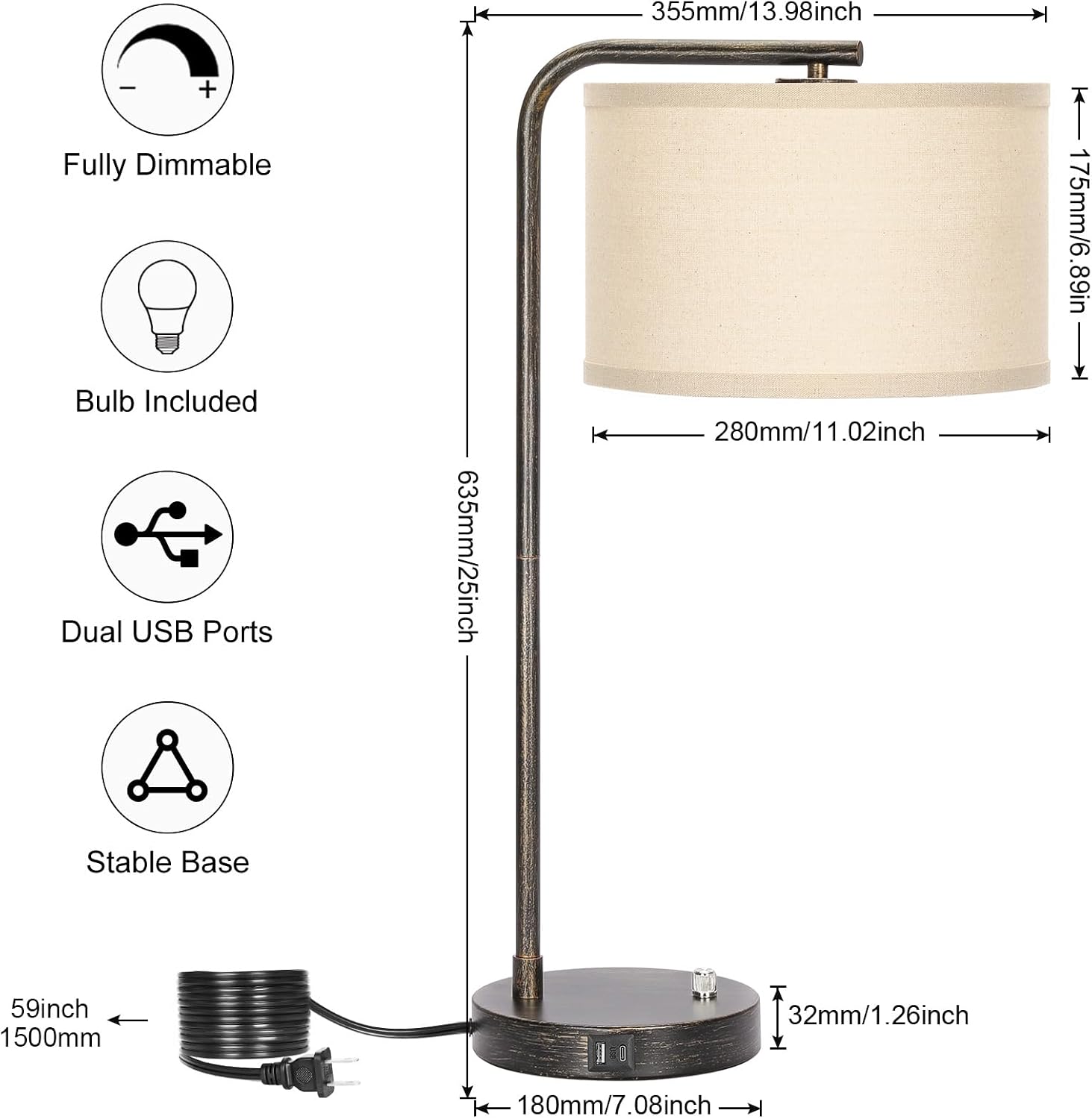 Seaside village Bedside Table Lamp with USB C+A Charging Ports, Fully Dimmable Industrial Tall Nightstand Reading Desk Lamp for Bedroom…