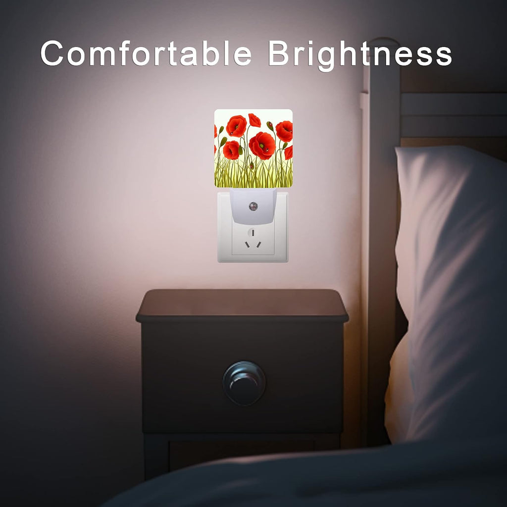 Red Flowers Night Light, Red Poppy Flowers and Ladybugs Plug-in Night Lights with Dusk-to-Dawn Sensor for Stairway/Hallway/Bedroom Sleep…
