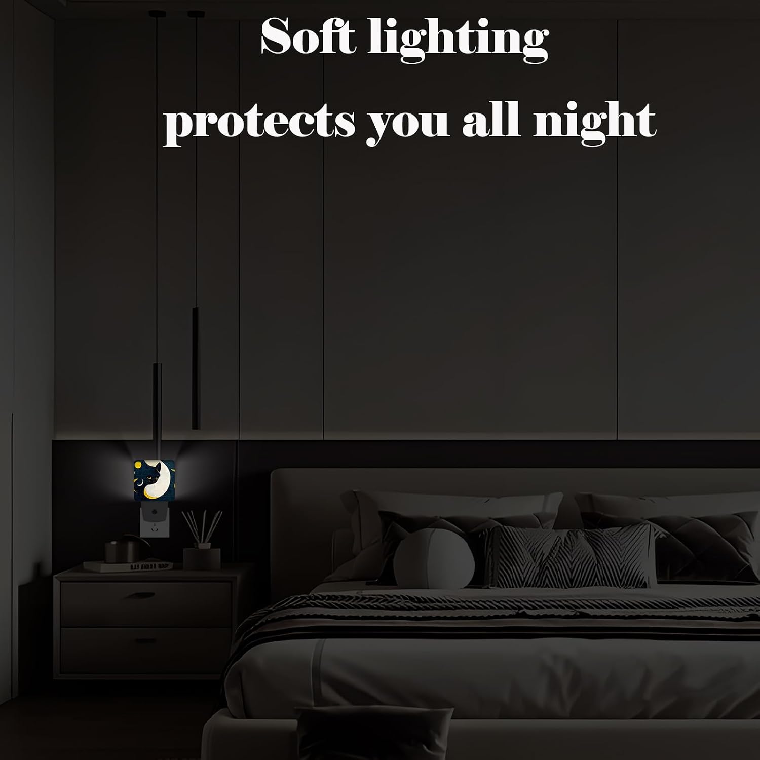 Black Cat Moon Night Light, Plug Into Wall for Boys Girls Bedroom Decorative Square Night Light Lamp 0.5w Sleep Friendly