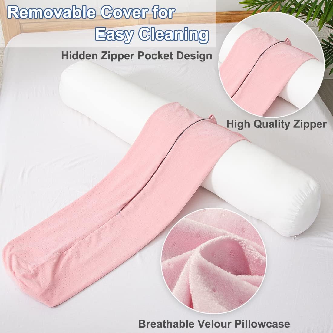 1 MIDDLE ONE Body Pillow for Adults, Bolster Pillow with Removable Velour Cover, Long Round Roll Cylinder Pillow for Bed, 47" x 7.87", Pink