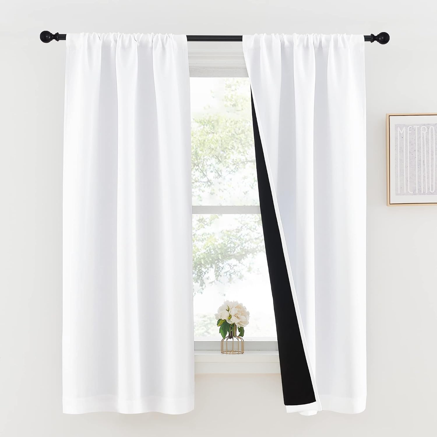 Nicetown White 100% Blackout Lined Curtains, 2 Thick Layers Completely Blackout Rod Pocket Thermal Insulated Drapes for Kitchen/Bedroom (1…