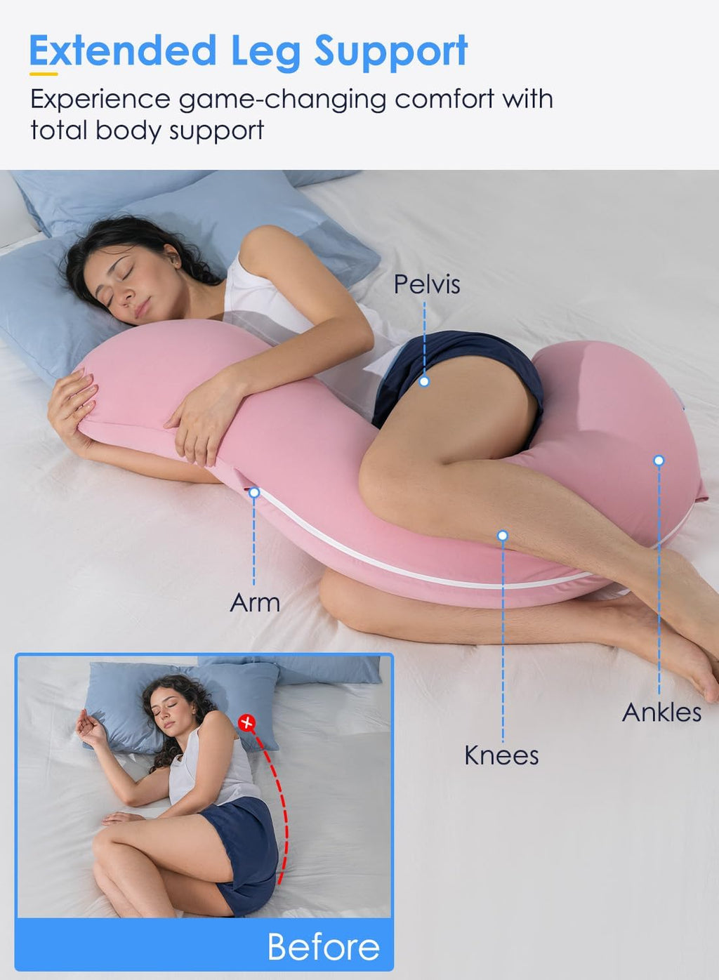 Queenrose QUEEN ROSE Cooling Body Pillow, Full Body Support Pillow for Side Sleepers, Soft S Shaped Hug Pillow for Adults, Pink Pink
