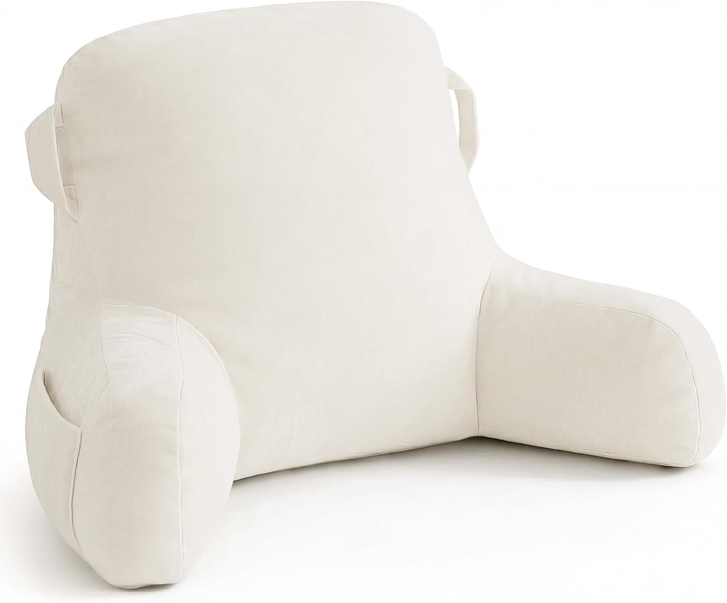 Unisakey Portable Comfy Reading Pillows for Bed Sitting Up(Beige Oeko-Tex), Velvet Back Pillow with Arms & Pockets for Adults, Support…
