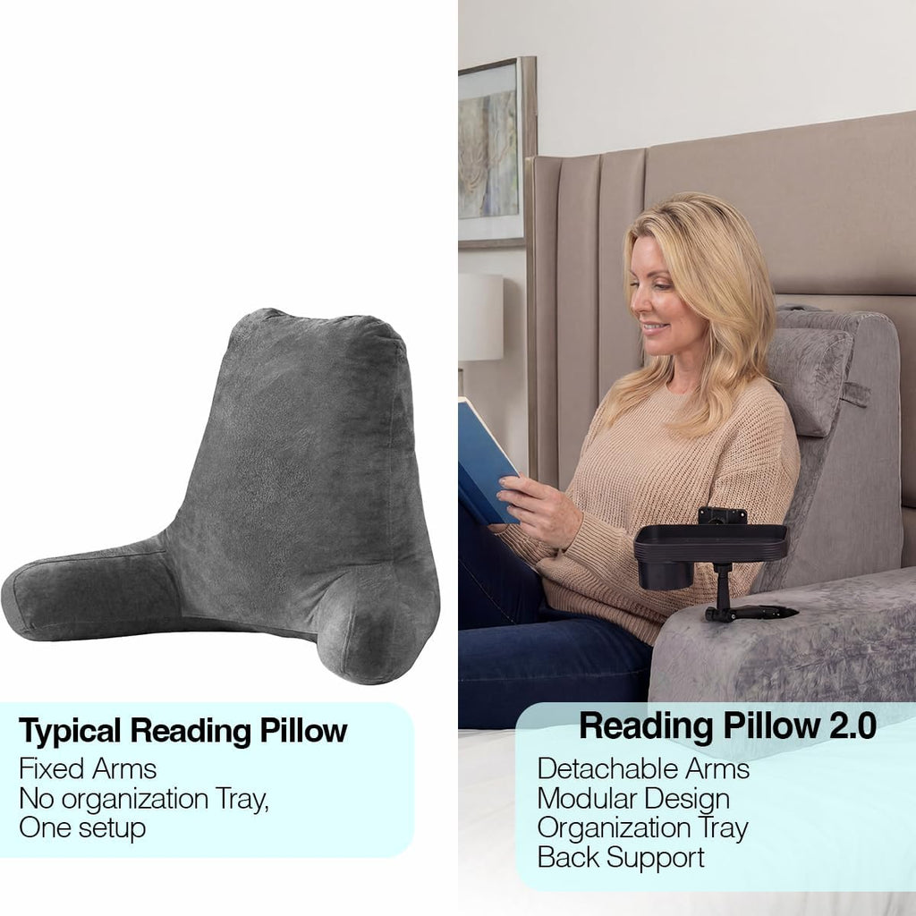 TabCouchCaddy Reading Pillow for Adults – 24” XL Memory Foam Backrest with Detachable Arms, Cup Holder, Phone Caddy & Adjustable Tray Mount…