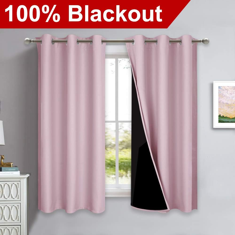 Nicetown 100% Blackout Short Curtains with Black Liners, 2 Panels, 37" W by 63" L, Baby Pink, Solid Thermal Insulated Full Blackout 2-Layer…