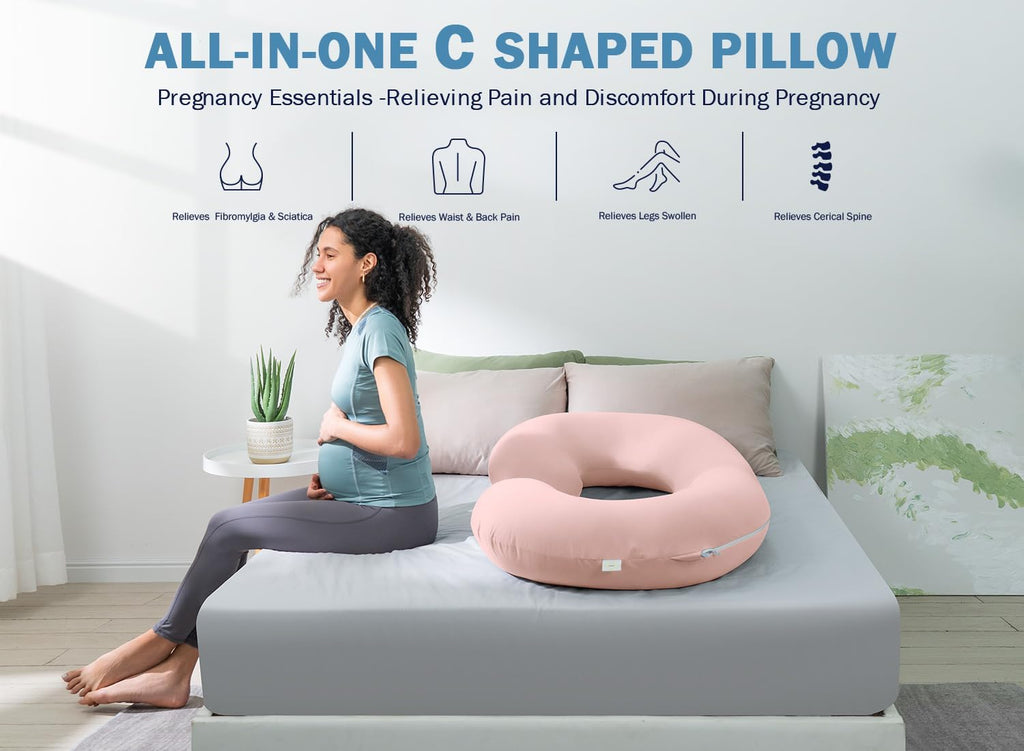 INSEN Cooling Pregnancy Pillow, Maternity Pillow with Soft Cotton Cover, C Shaped Pregnant Women and Side Sleeping, Bright Pink