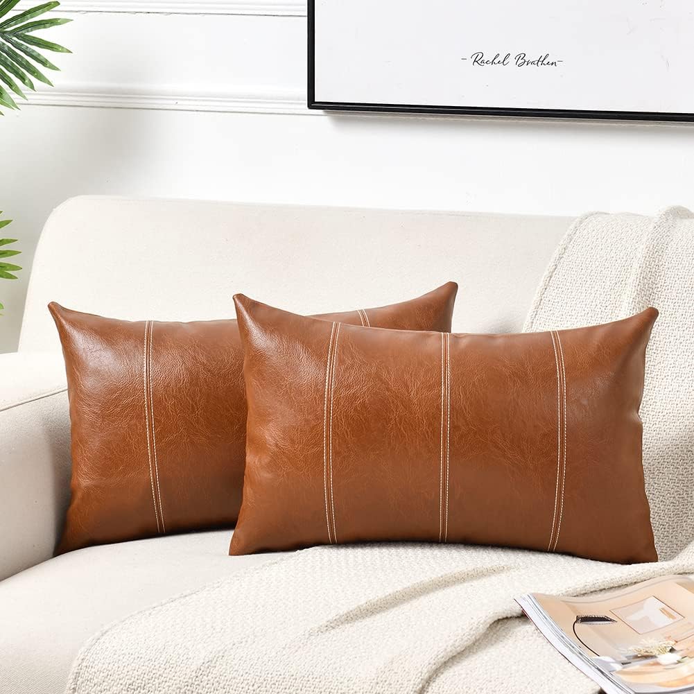 Fancy Homi Brown Boho Lumbar Faux Leather Decorative Throw Pillow Covers 16x24 Inch for Living Room Couch Bed Sofa, Hand Stitched…