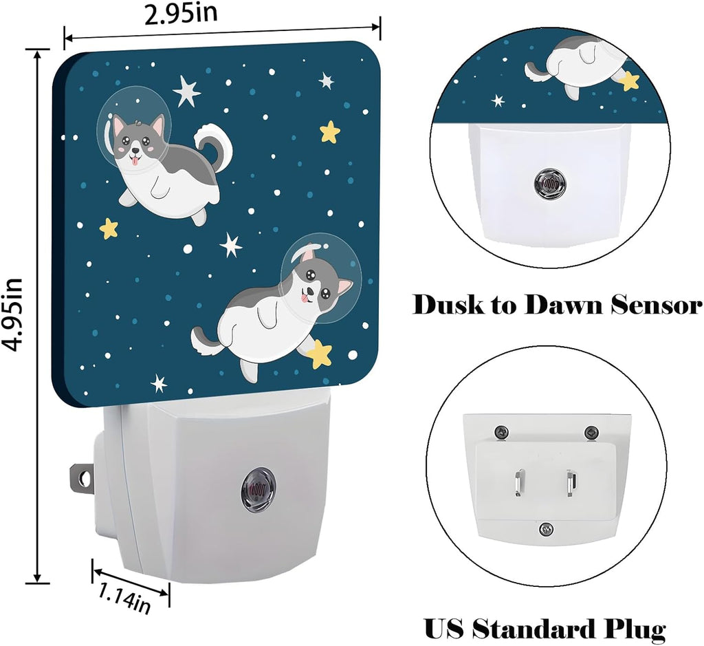 Cute Husky Astronauts on Space Night Light, Plug-in Night Lights with Dusk-to-Dawn Sensor for Stairway, Hallway, Bedroom Sleep Friendly…