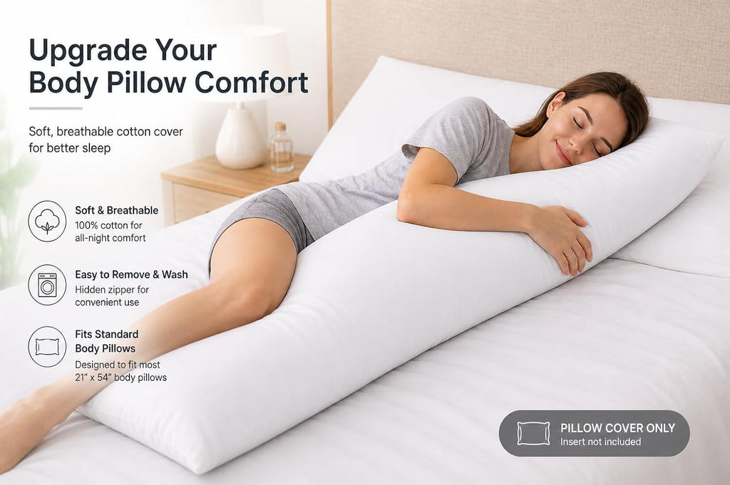 Evolive 300 Thread Count 100% Cotton Body Pillow Cover, 21" x 54", Soft Breathable Replacement Pillow Case with Hidden Zipper Closure (Whit…