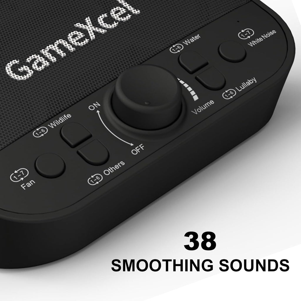 GameXcel White Noise Sound Machine for Sleeping – 38 Non-Looping Sounds Dual Speaker USB Powered Timer Memory – Portable Sleep relaxation…