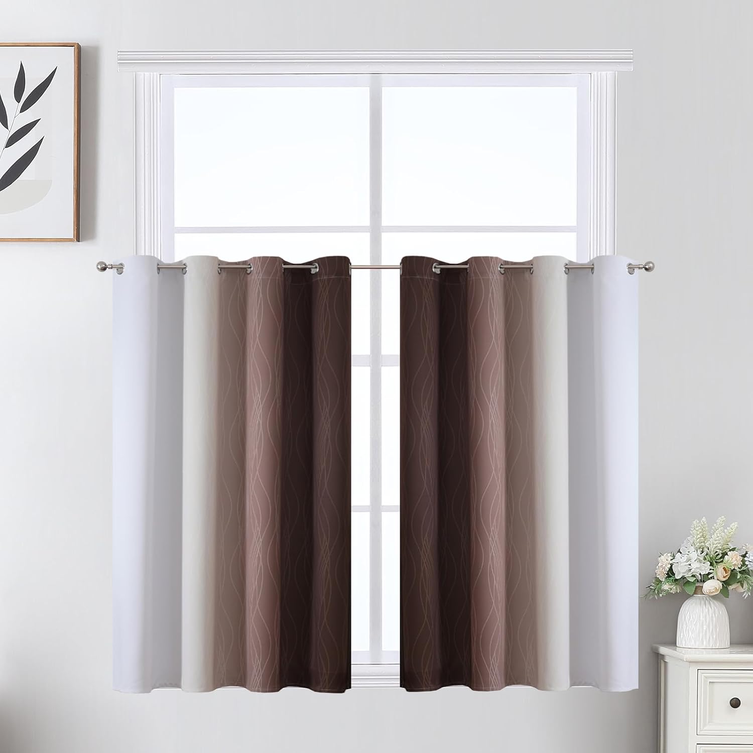 Estelartextiler Estelar Textiler Brown and Greyish White Ombre Short Blackout Cafe Curtains 36 Inch Length, Thermal Insulated Grommet Small…