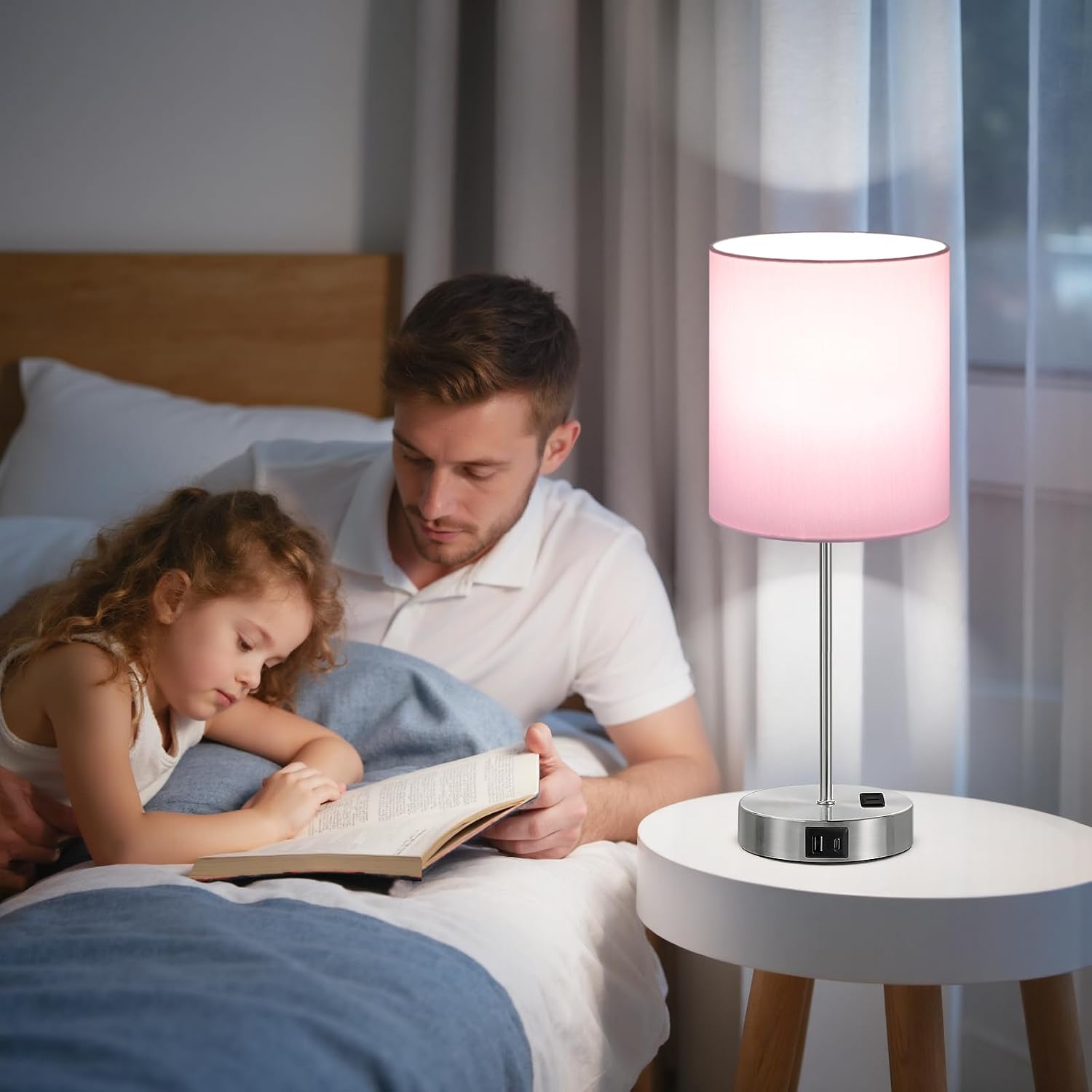 Fenmzeelighting Pink Touch Lamps for Nightstand Set of 2 - Bedside Table Lamp for Bedroom with Dual USB Ports & AC Outlet, 3-Way Dimmable L…