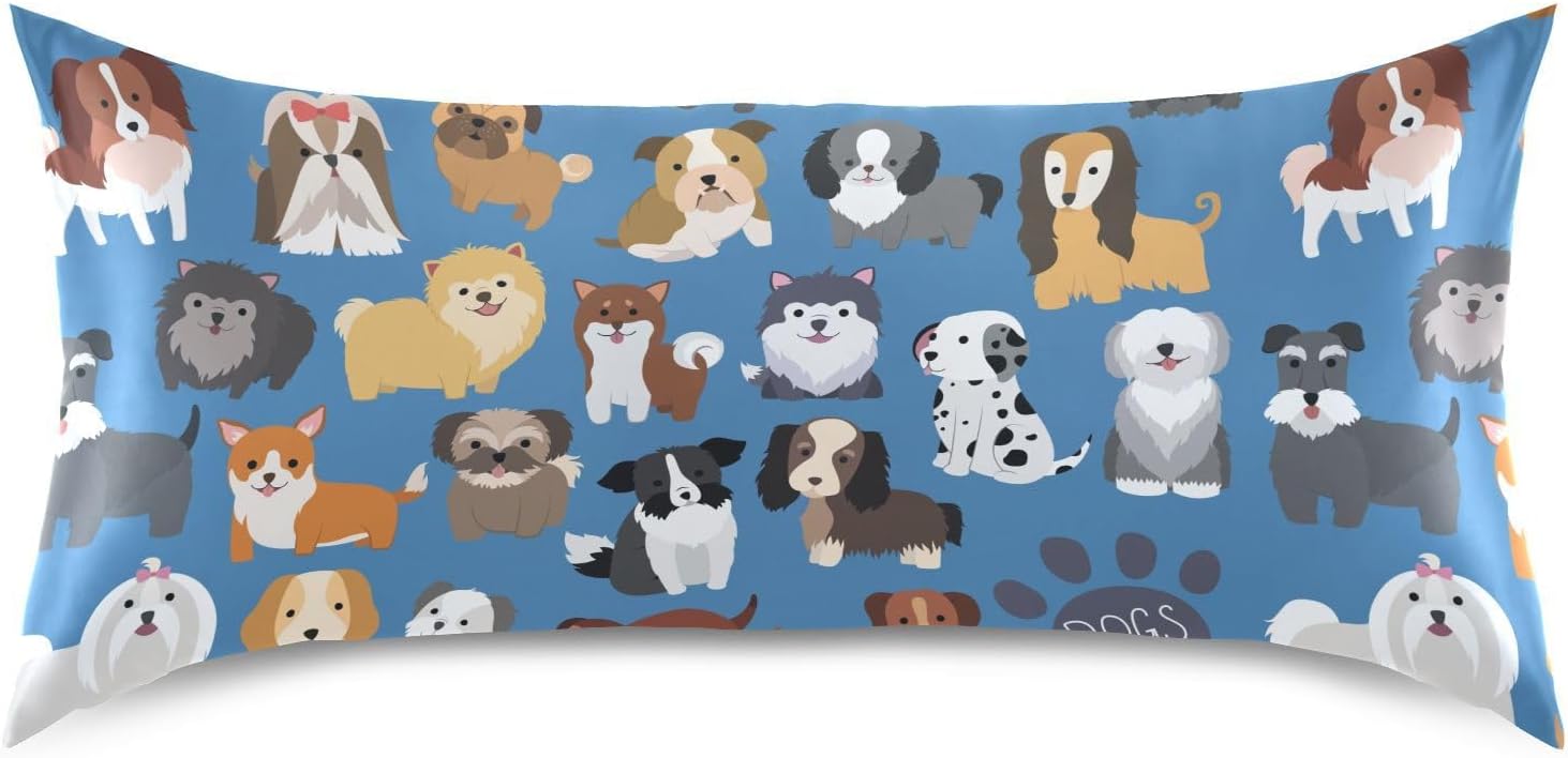 Dogs Cute Blue Print Pillow Covers Silk Pillowcase for Hair and Skin Soft Breathable Smooth Cooling Satin Pillowcase Queen Size Pillow…