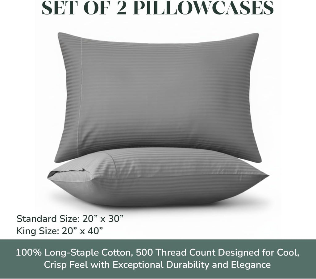 Featherstitchnewyork Feather & Stitch 100% Cotton Standard Pillow Covers Set of 2, 500TC Envelope Closure Pillowcases, Soft Luxury Damask S…