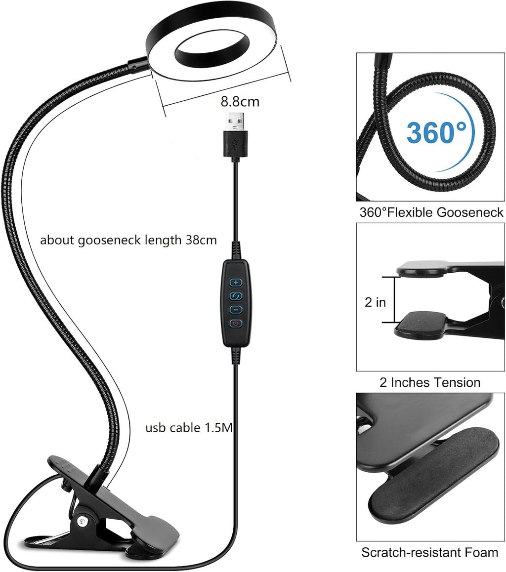 Woputne Desk Clip on Lamp for Reading Home Office, with 5V 2A Adapter, 10 Dimmable Brightness 3 Modes, Clamp Reading Light for Bed…