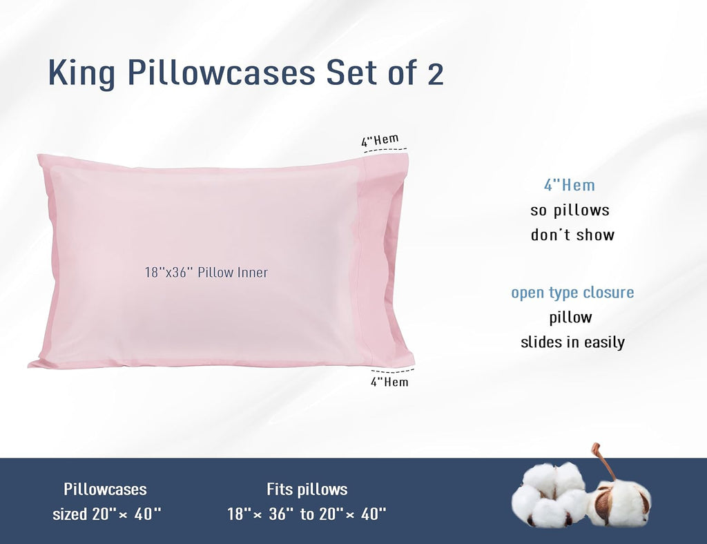 Homtec Pillow Cases, King Size Cotton Percale Weave Pillowcases, Pre-Shrunk Breathable and Hypoallergenic Pillowcases, Set of 2 (2 Piece Ki…