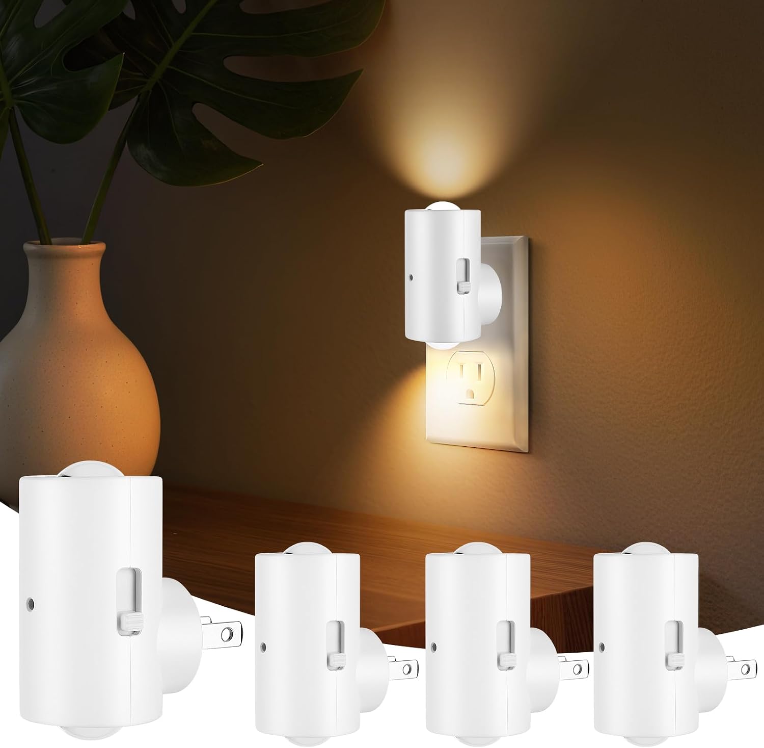 4 Pack LED Night Light, Dimmable Plug-in Wall Nite Light with Dusk to Dawn Auto On/Off, 180° Rotating Head, 2700K Warm White, 0-200 LM…