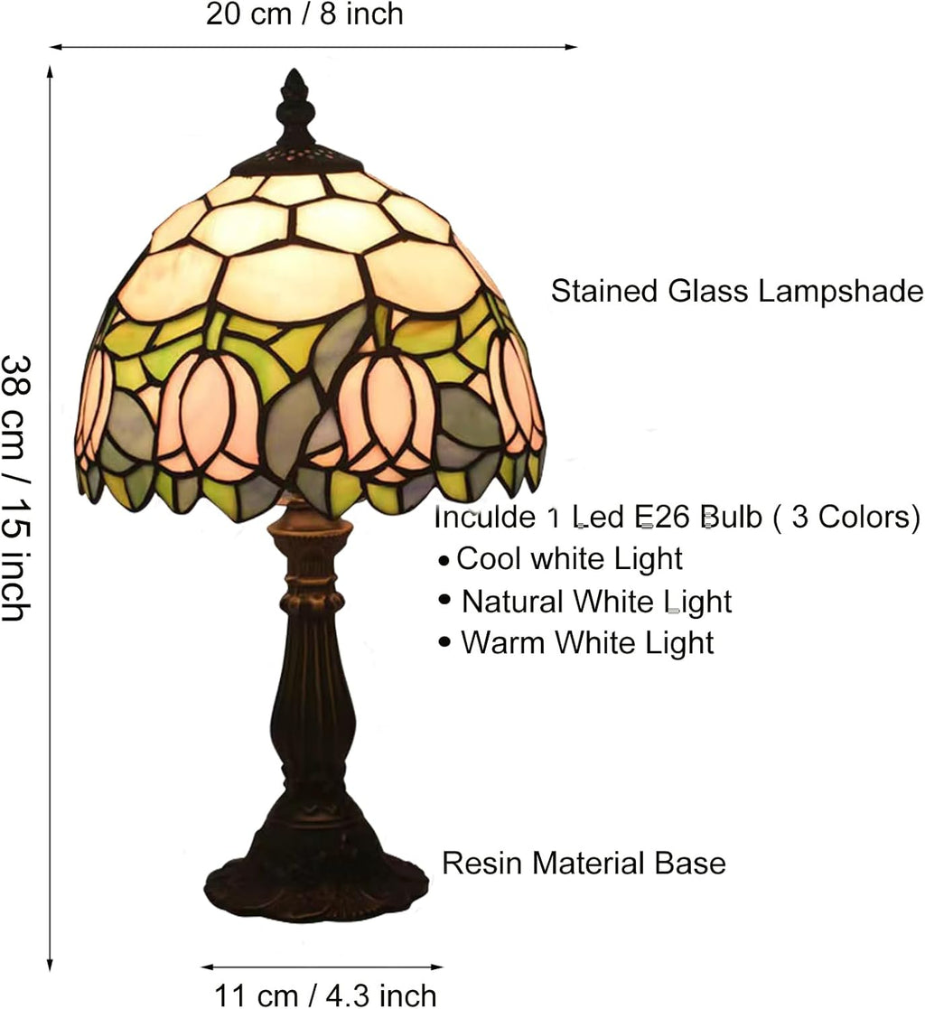 Tiffany Style Table Lamp, Pink Tulip Stained Glass Lamp, 8 Inch Small Antique Lamp, for Bedside Nightstand Bedroom Living Room Home…