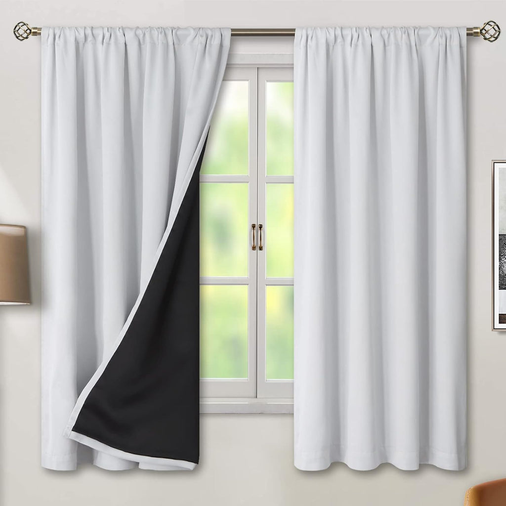 BGment Greyish White 100% Blackout Curtains 63 Inches Long with Noise-reducing Liner, Rod Pocket and Back Tab Double Layer Room Darkening…