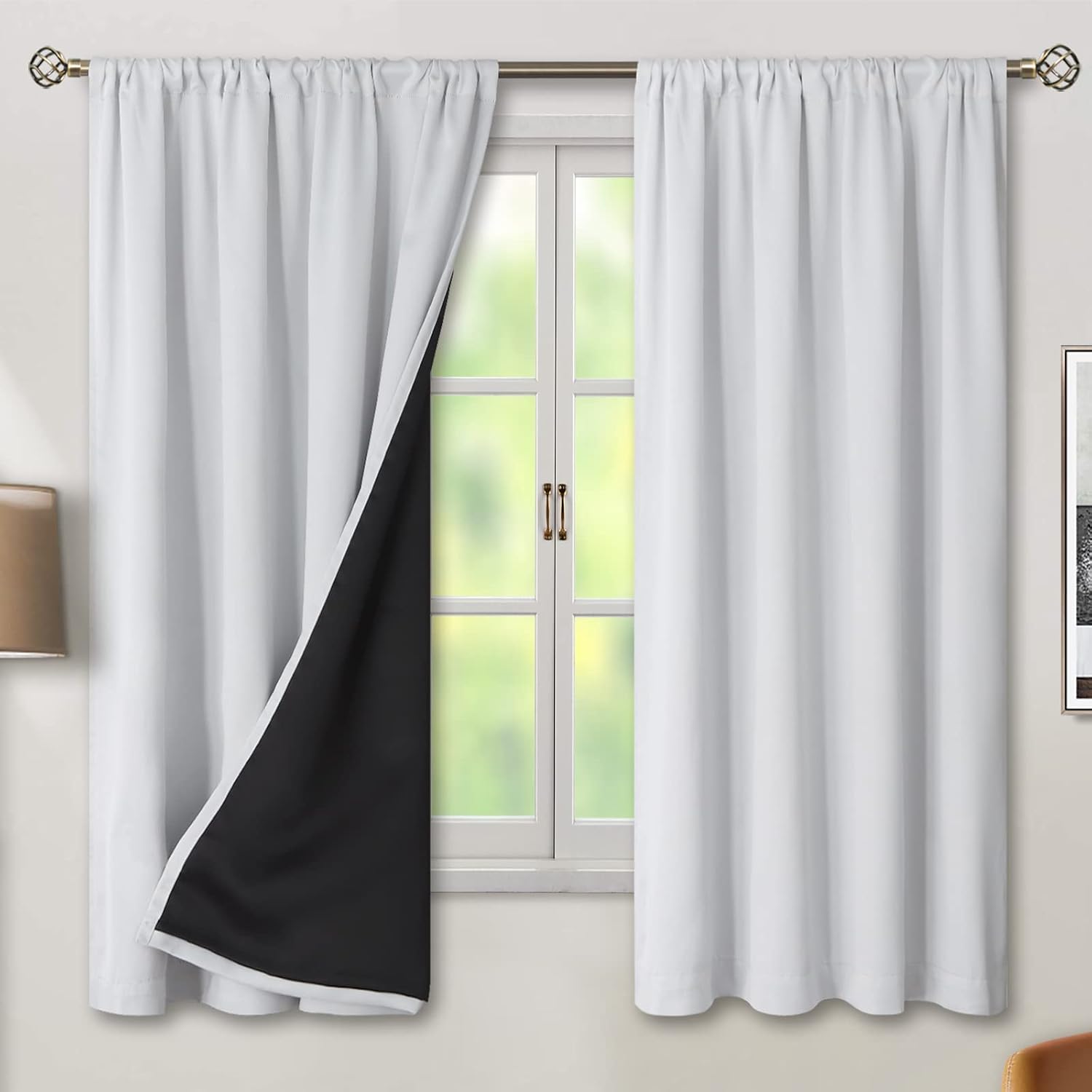 BGment Greyish White 100% Blackout Curtains 63 Inches Long with Noise-reducing Liner, Rod Pocket and Back Tab Double Layer Room Darkening…
