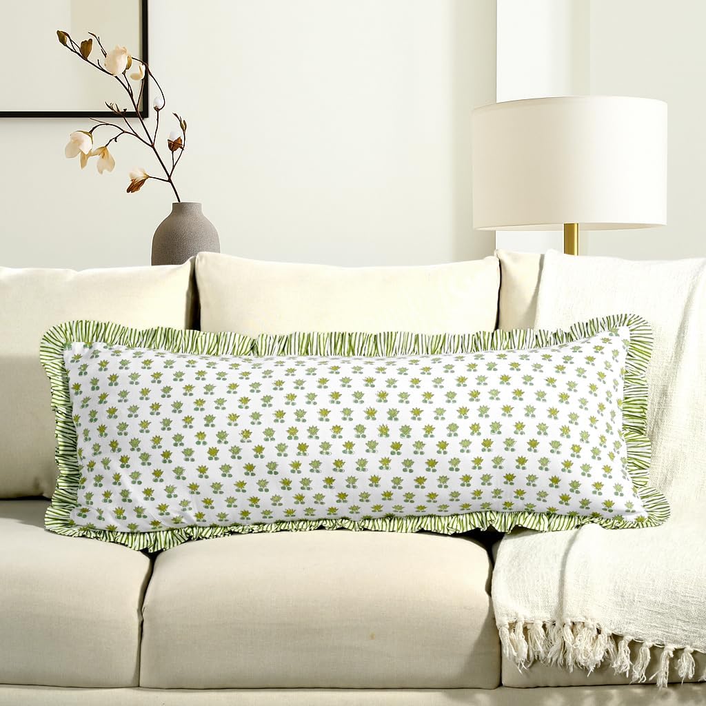 Cottonprintclub CPC Hand Block Print Lotus Meadow Ruffle Sham Pillow Cover 36" x 14" inch Hidden Zipper Decorative Pillowcase for Couch, Be…