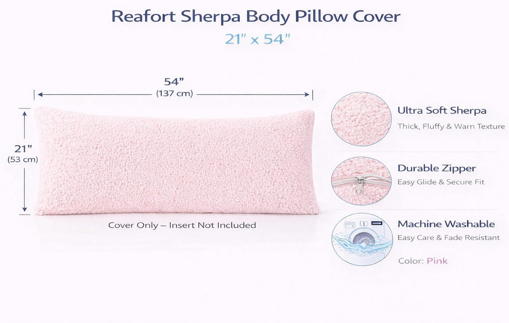 Reafort Sherpa Body Pillow Cover 21" x 54", Plush Fleece Long Body Pillowcase with Zipper Closure, Ultra Soft Fluffy Cozy Decorative…